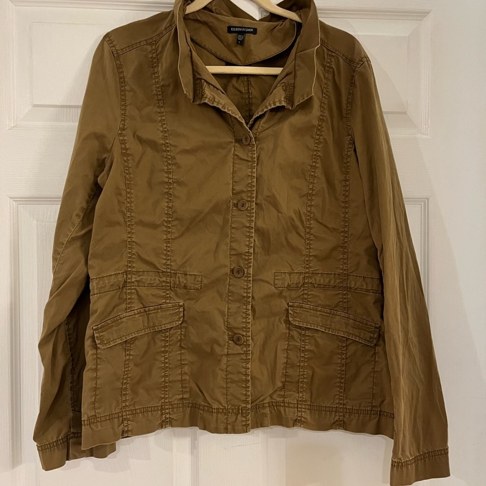 Eileen‎ Fisher Utility Jacket Ruffle Collar Large Tie Cinch Waist Safari